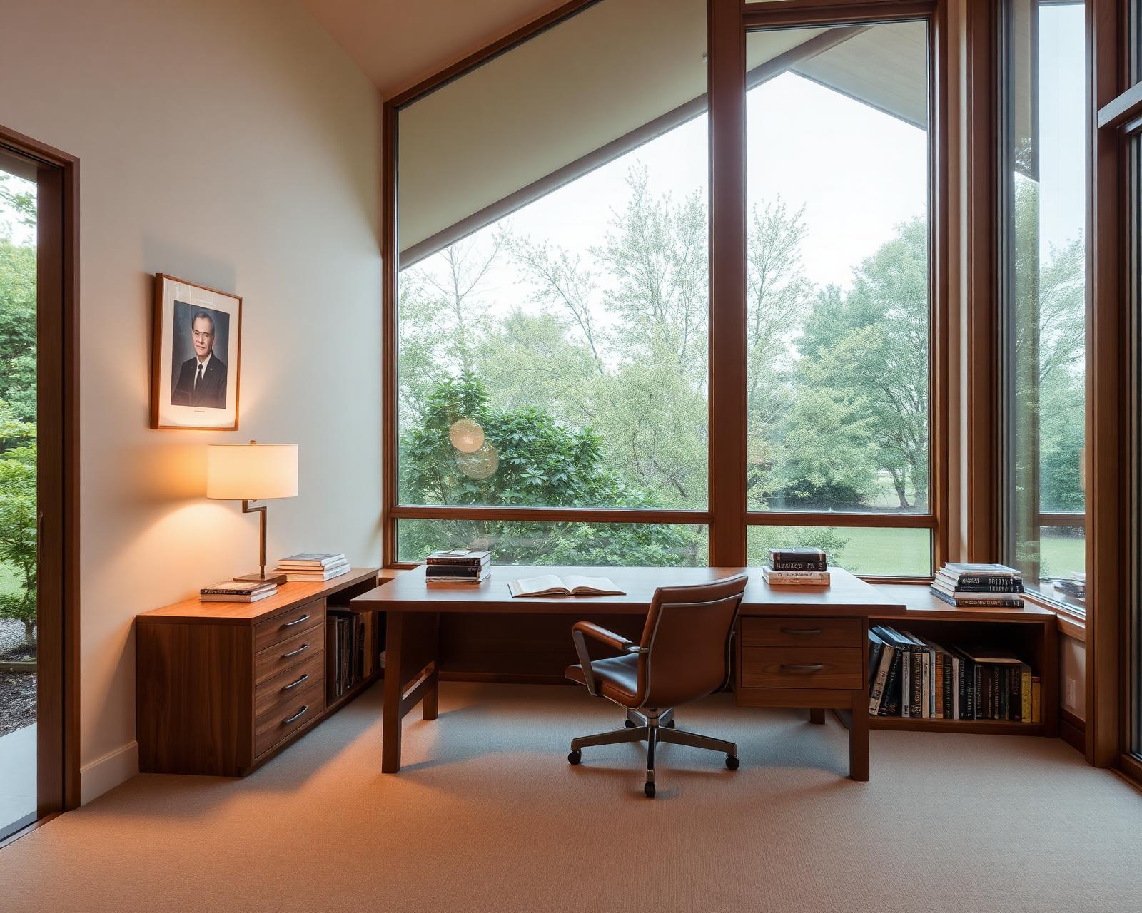 Private study, oak desk, warm light