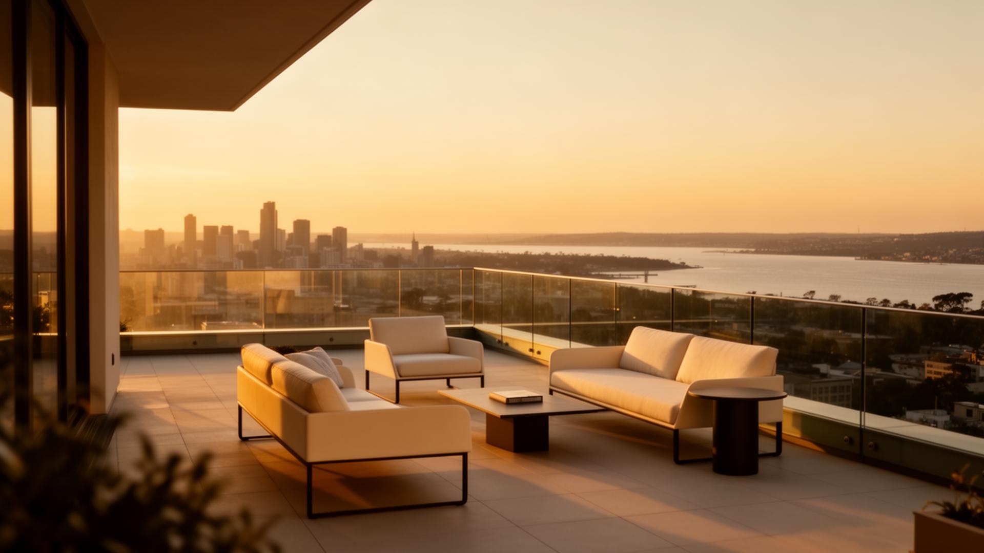 Luxury penthouse terrace at dawn overlooking the city